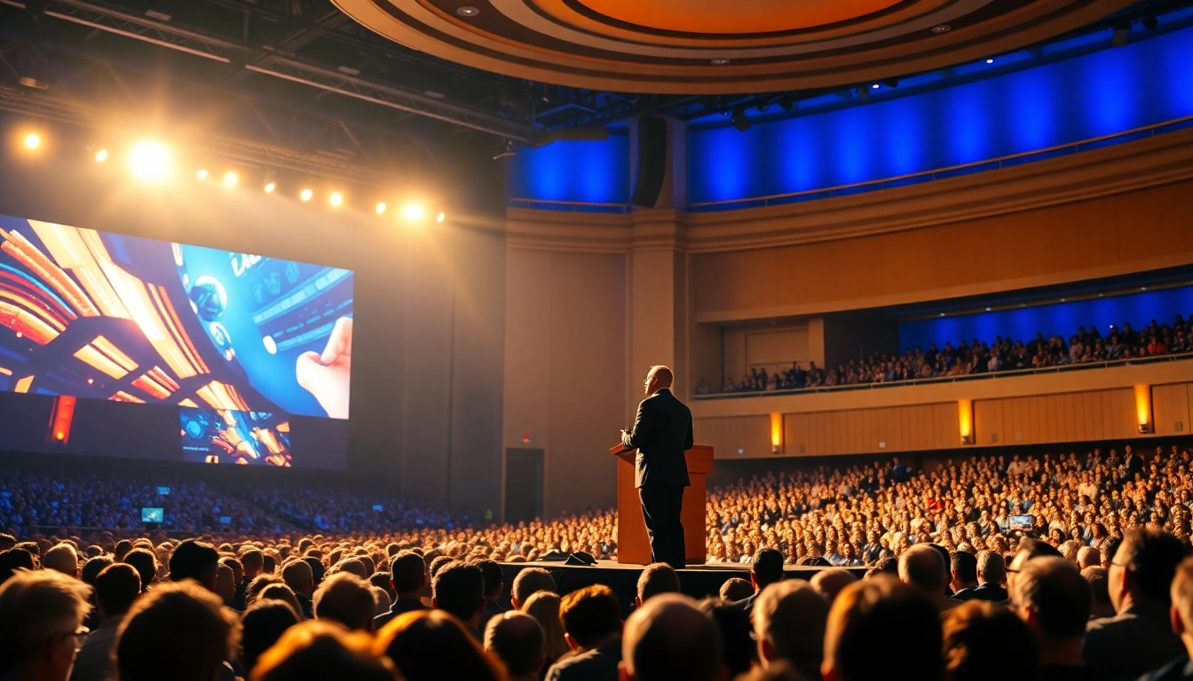 Keynote Speaker captivating an audience with a dynamic presentation in a vibrant auditorium.