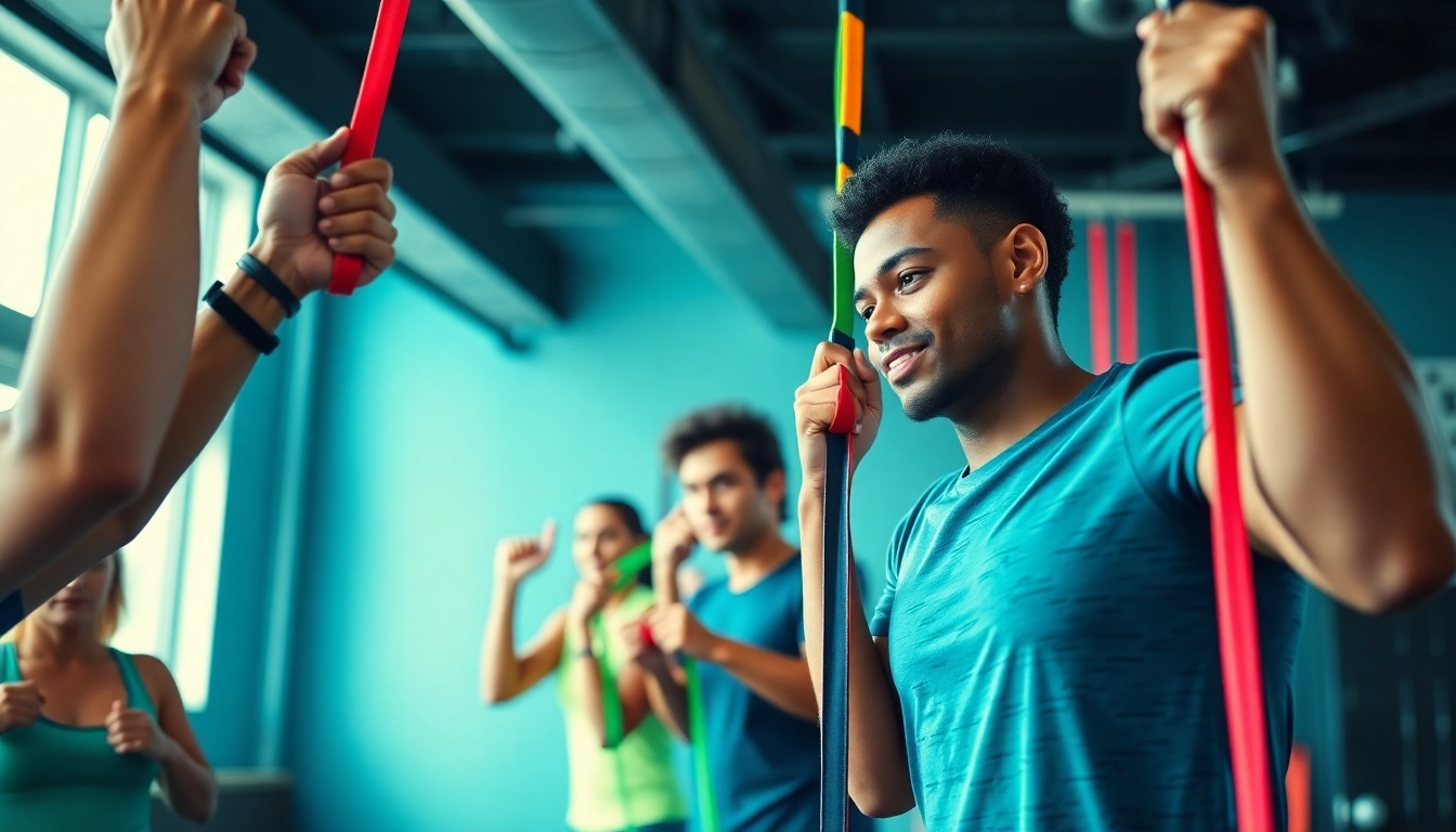 Resistance bands for pull-ups in use by diverse gym-goers demonstrating strength training.