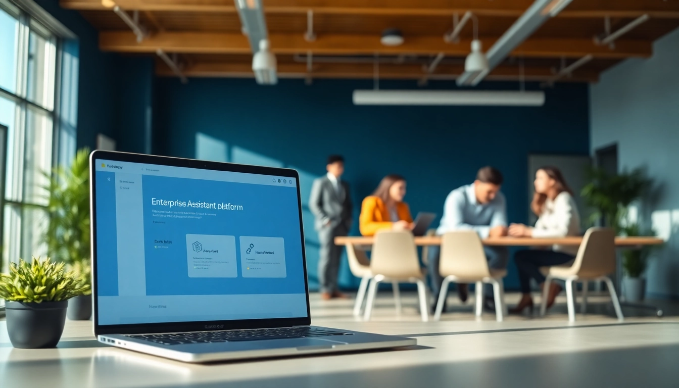 Visualize an enterprise assistant platform enhancing teamwork in a modern office setting.