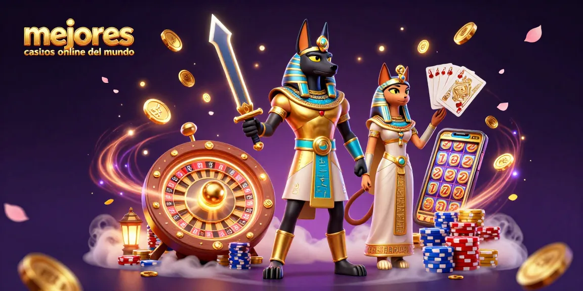 Ilusión de Anubis y Bastet mostrando los mejores casinos online del mundo con juegos de azar brillantes.
