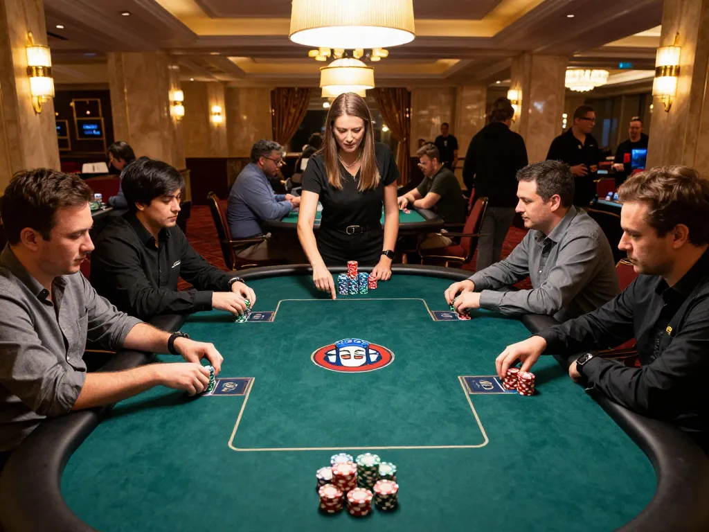 FAFA828 players strategizing at a high-stakes poker table, showcasing intense gameplay and competitive atmosphere