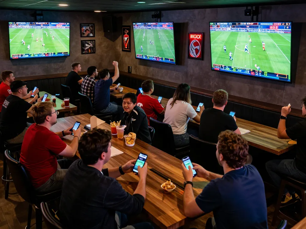 Check Livescore updates on mobile while enjoying live sports betting at a vibrant sports bar atmosphere
