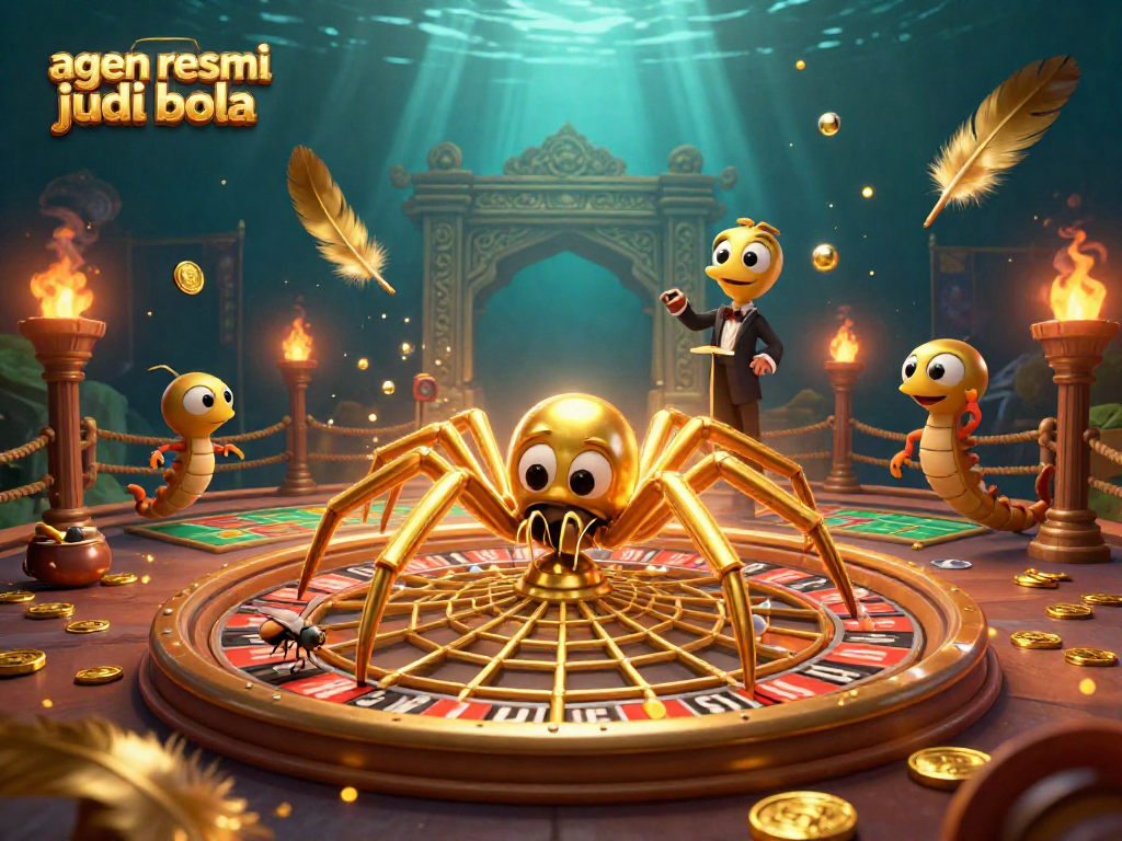 Engaging scene of a golden spider web roulette with characters for agen resmi judi bola bets.