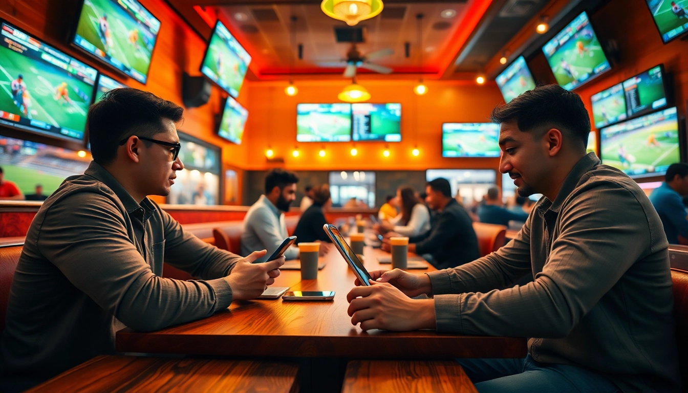 Engaged bettors using sports betting apps India in a lively café setting.
