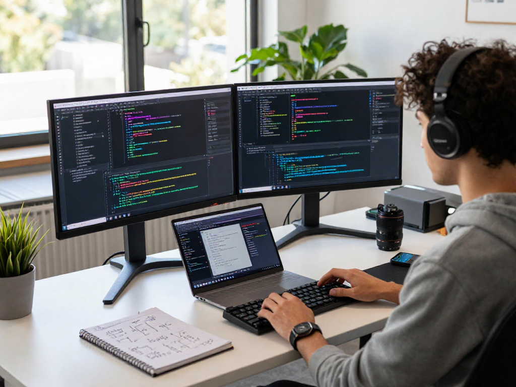 Developer coding in a modern tech workspace, highlighting crushon software tools and collaboration.