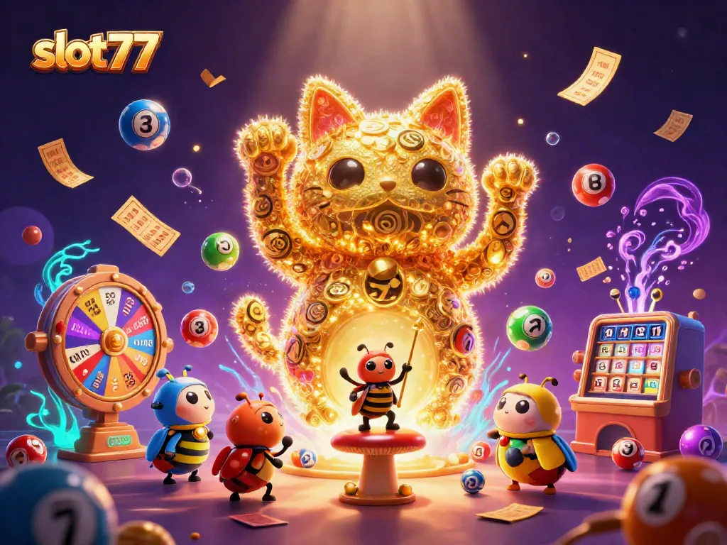 Bermain slot777 dengan simbol keberuntungan dan bola lotere berwarna-warni di latar belakang meriah.