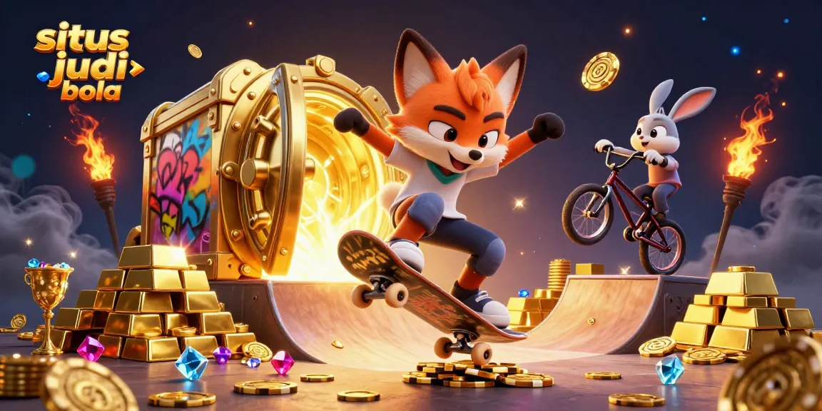 Situs judi bola showcases an energetic skateboarder fox and BMX rabbit in a vibrant casino scene.