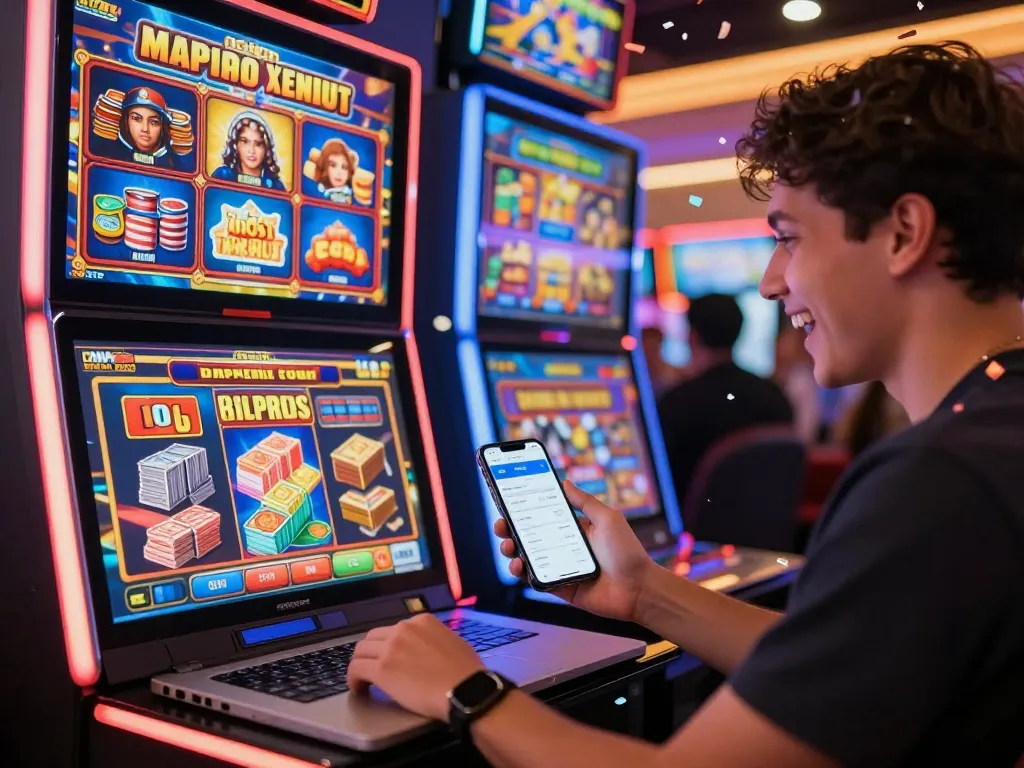 Pemain yang bersemangat merayakan kemenangan besar di slot gacor hari ini dengan cahaya kasino yang vibrant dan notifikasi digital.