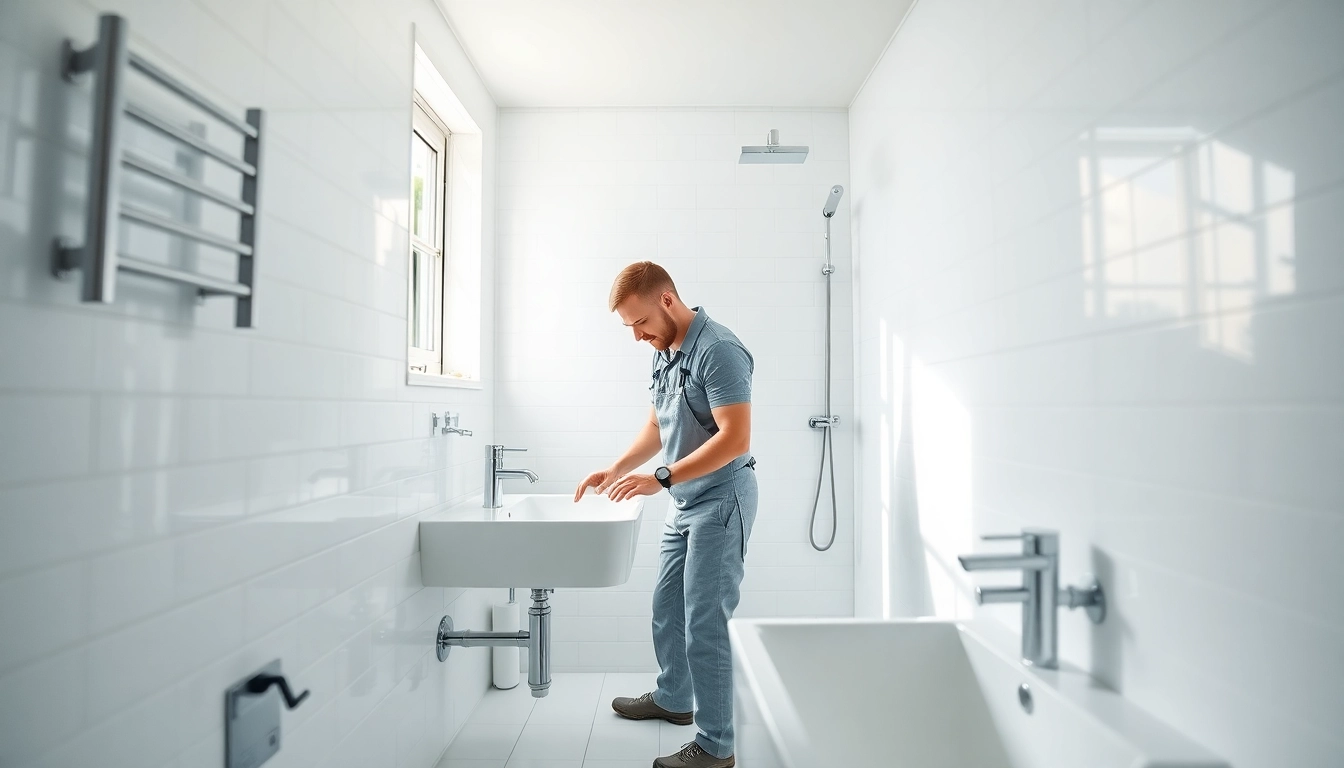 Die sonni sanitär GmbH installiert ein modernes Waschbecken, wobei ein erfahrener Techniker fokussiert arbeitet.
