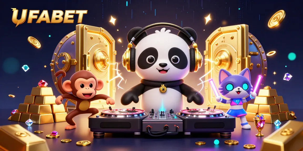 Experience excitement at UFABET with a lively scene featuring a DJ panda, breakdancing monkey, and glowing kitten amidst treasure.