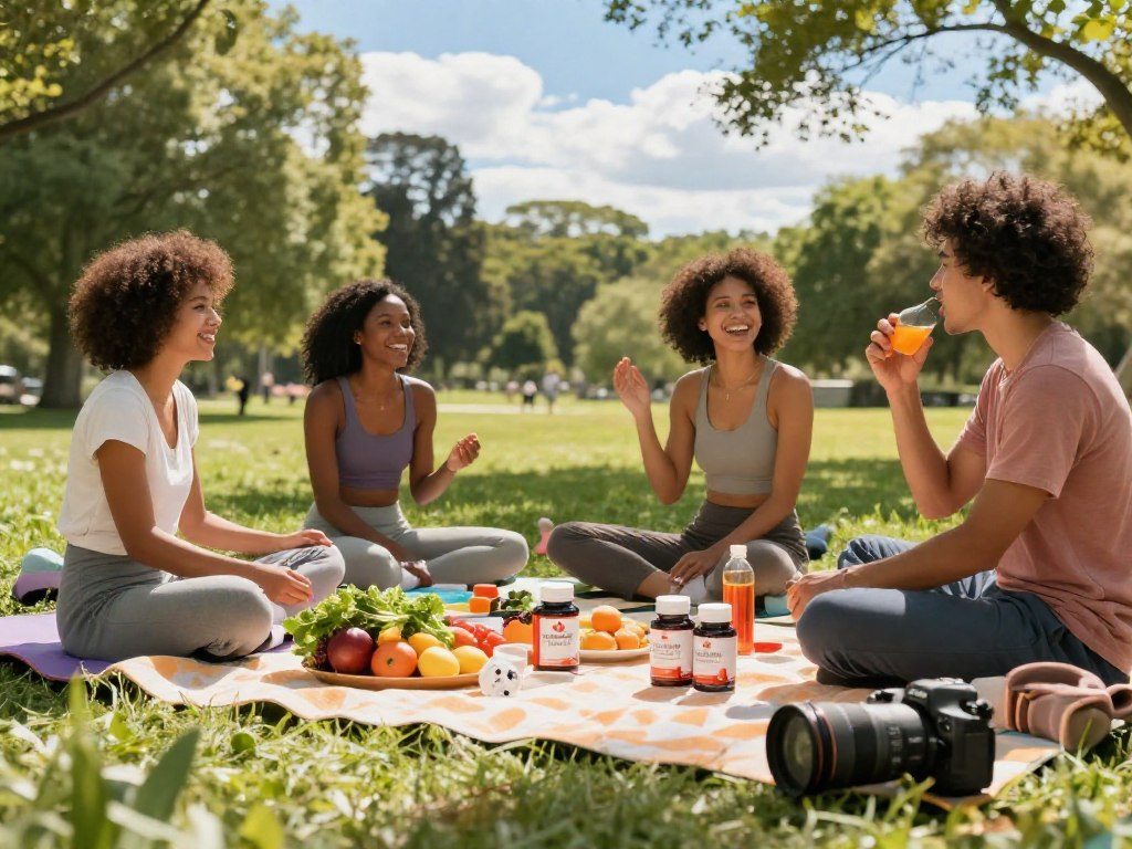 Group enjoying a sunny picnic with Canadian astaxanthin brand supplements and vibrant fruits.