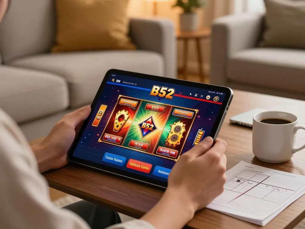B52 online casino gaming on a tablet with vibrant graphics in a cozy home setting.