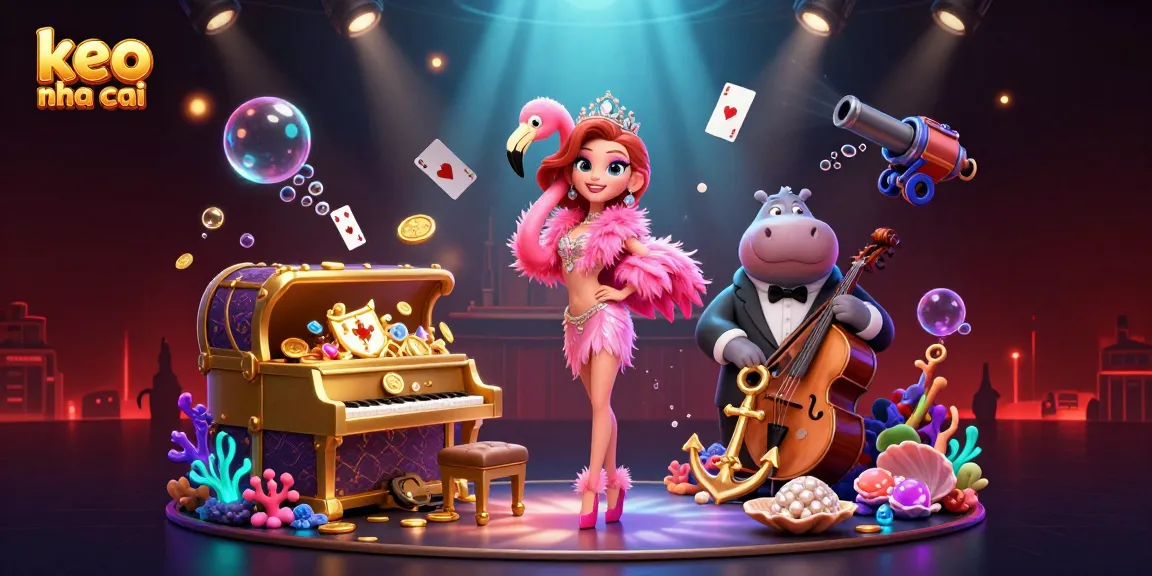 Engage with keo nha cai as a vibrant flamingo pianist and hippo bassist perform amidst gold coins and glowing underwater elements.