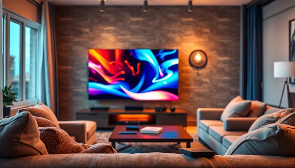 Showcase of iron IPTV on a modern TV in a cozy living room environment.