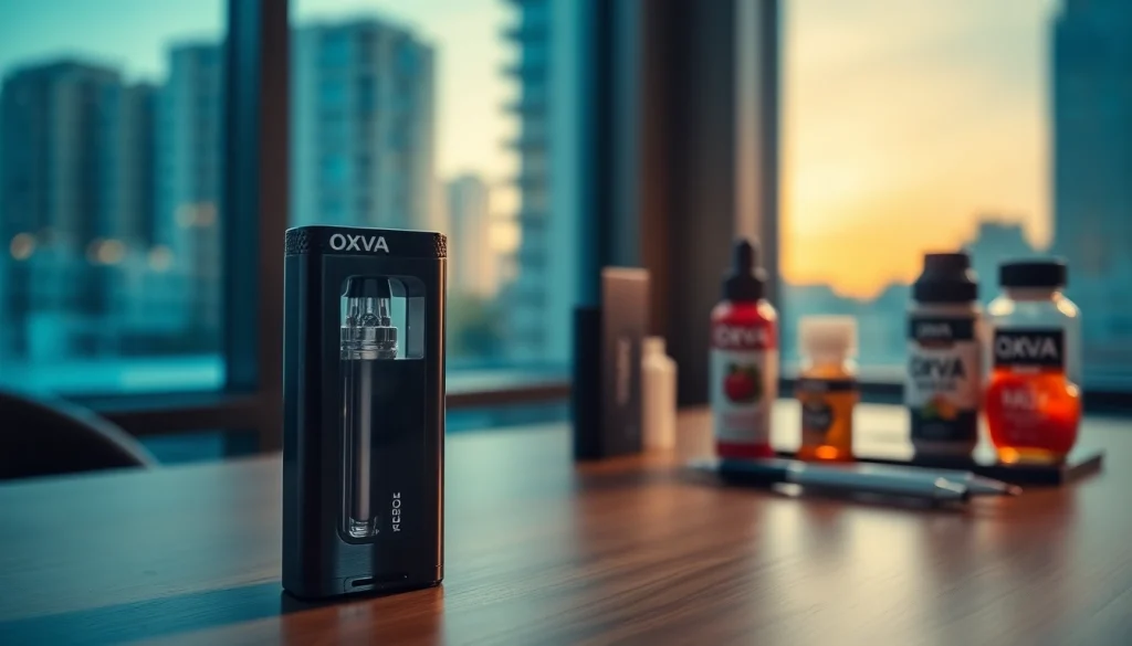 Genießen Sie das stylische Oxva Vape-Gerät auf einem eleganten Tisch. Besonders hervorgehoben ist das ausgeklügelte Design.