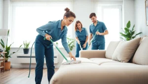 Engaged cleaning service professionals efficiently cleaning a bright living room.