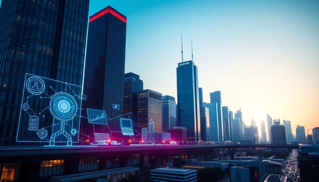 Explore the impact of Technology through a modern city skyline and digital holograms.