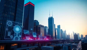 Explore the impact of Technology through a modern city skyline and digital holograms.
