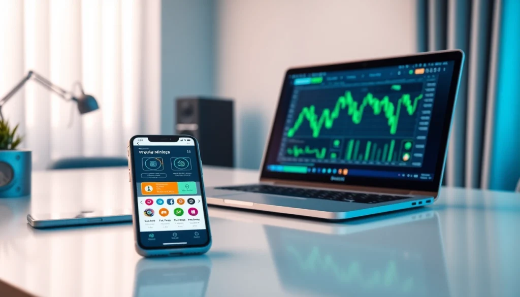 Crypto mining app interface on a modern laptop and smartphone in a sleek workspace, showcasing innovation.