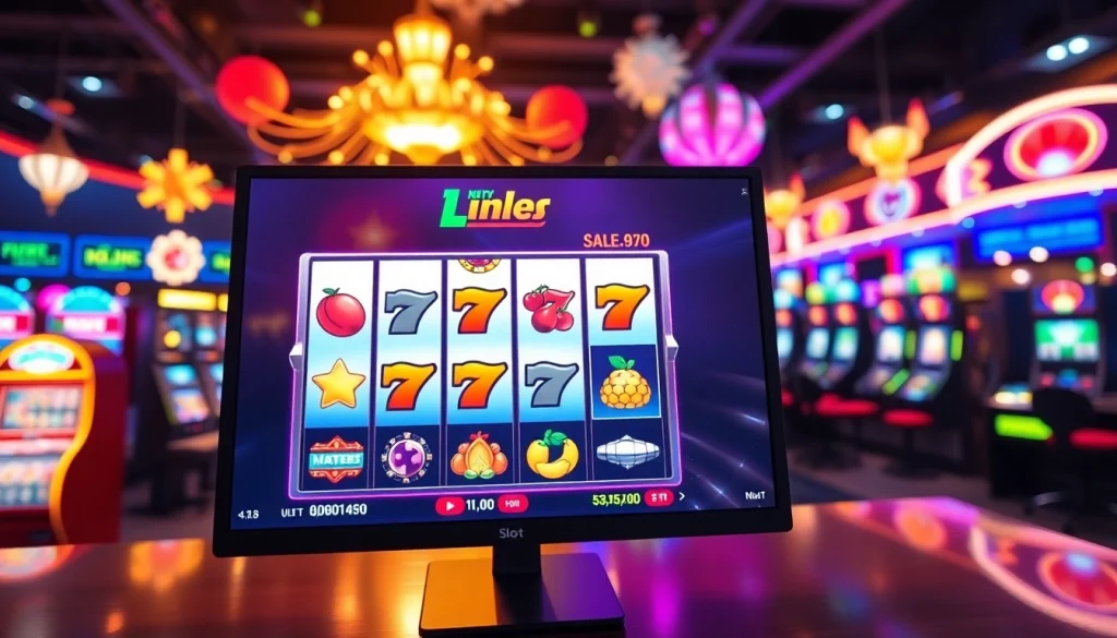 Menampilkan slot online dengan latar belakang suasana kasino digital yang meriah.