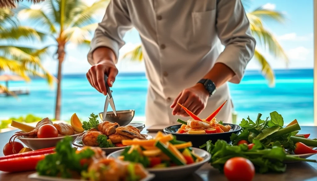 Sint Maarten private chef creating an exquisite meal in a stunning beachfront villa.