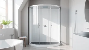 Bestehend aus einer sonni Duschkabine in einem eleganten Badezimmer, das modernes Design zeigt.