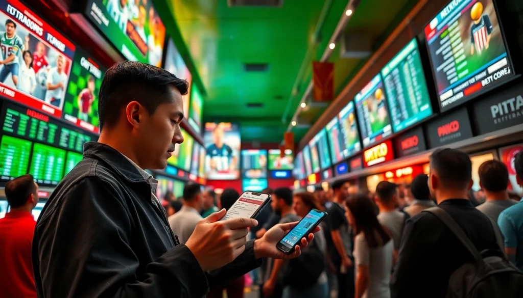 Bettor analyzing sports betting in Mexico, surrounded by lively betting shops and screens.