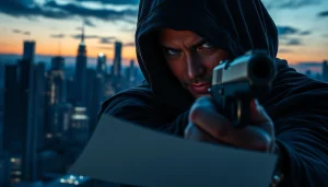 An assassin handling Contracts and Bullets while standing against a twilight city skyline, embodying tension and suspense.