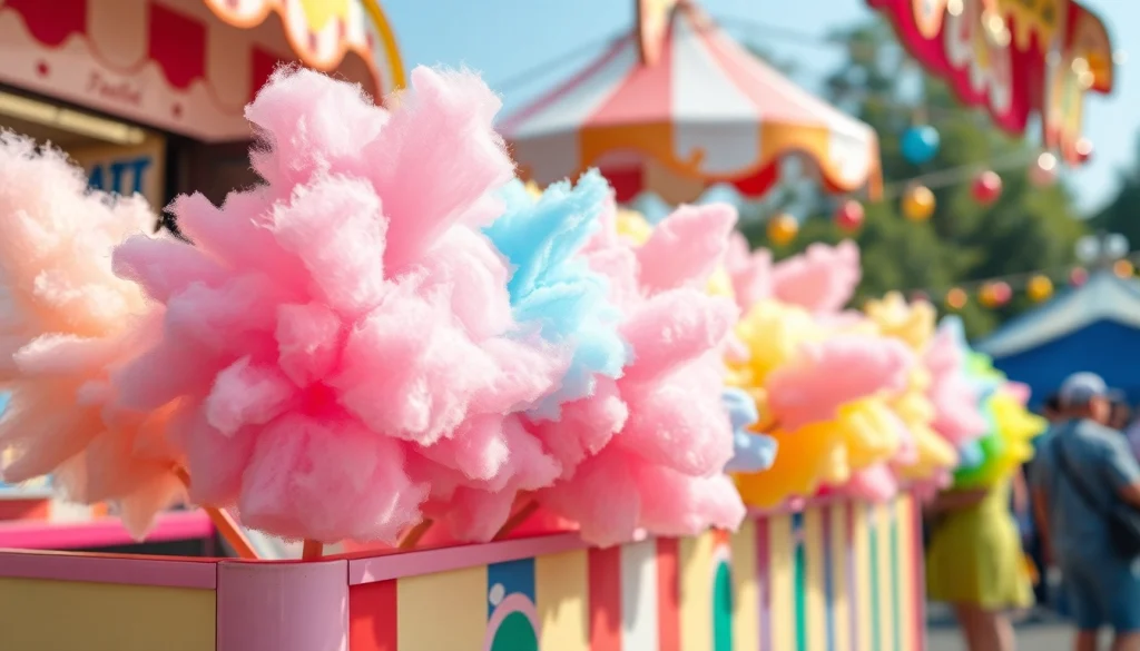 Maak een kleurrijke wafel katoen klaar in een levendige kermisomgeving.