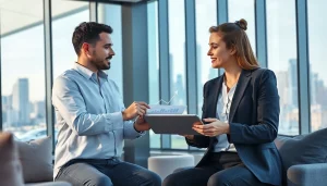 카드 현금화 전문가가 고객과 상담하는 모습으로 금융 전략을 논의하는 장면입니다.