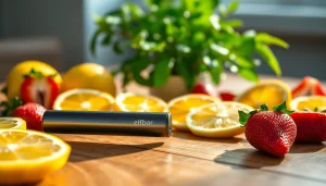 Elfbar E-Zigarette mit frischem Obst auf einem Holztisch, bunte Details und ansprechende Optik.