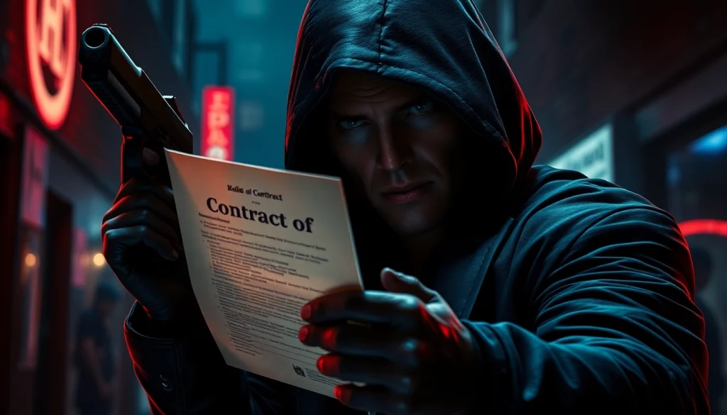 Engaging scene with Contracts and Bullets as a focal point, showcasing an assassin’s tense moment.