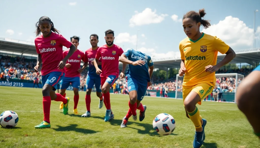 Dynamic soccer players showcasing Team kit during an exciting match on the field.
