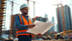 Showcase a New Jersey Construction Manager evaluating project plans at an active construction site.