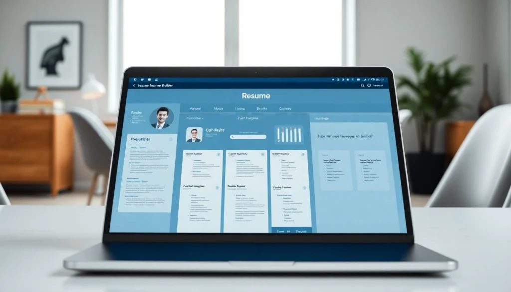 Create a standout Resume Builder with various professional templates showcased on a sleek laptop.