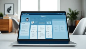Create a standout Resume Builder with various professional templates showcased on a sleek laptop.