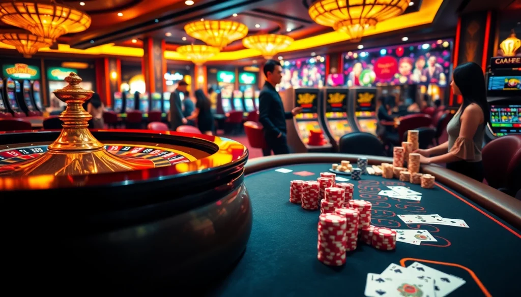 Exciting gambling scene representing the link 188bet, featuring a roulette wheel, poker table, and vibrant casino atmosphere.