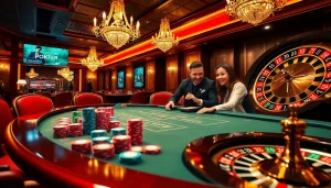 Engaging casino scene with players enjoying games using 상품권신용카드 for betting in an upscale environment.