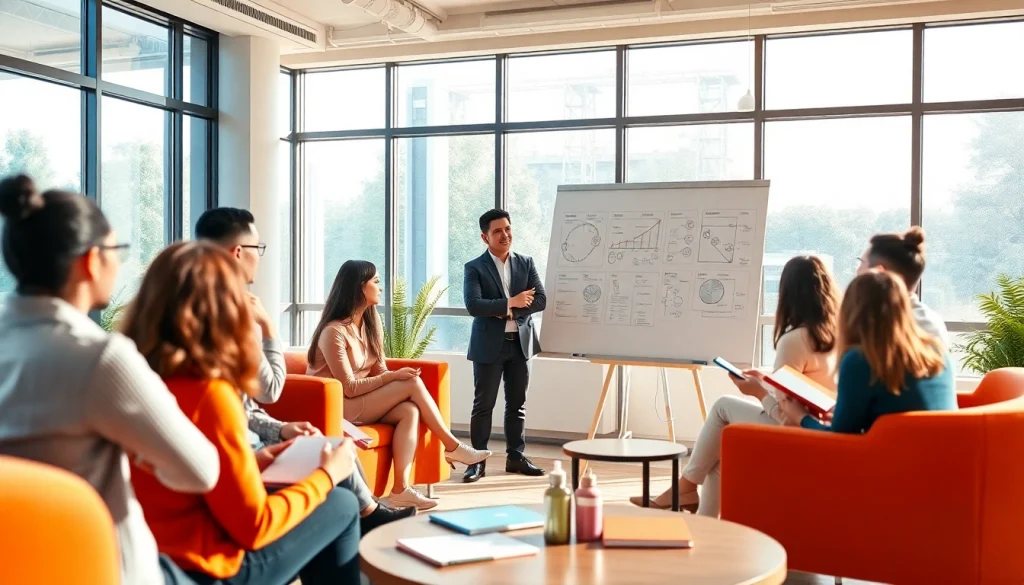 Engaging business coaching service workshop with diverse clients collaborating in a modern setting.