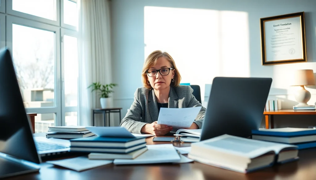 Certified translator working on soudní překlad in a professional office environment.
