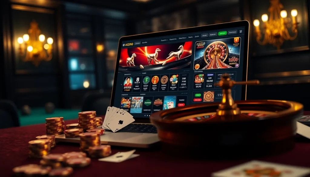 Experience the thrill of online gambling at ga 6789 with a luxurious casino atmosphere showcasing poker chips and gaming interfaces.