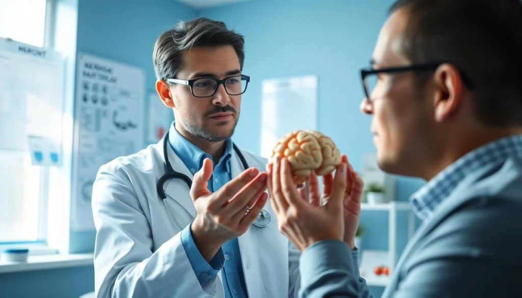 Neurologist explaining symptoms of brain fog with a brain model in a clinical environment.