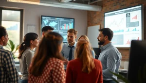 Team collaborating on competitive intelligence analysis in a bright, innovative workspace.