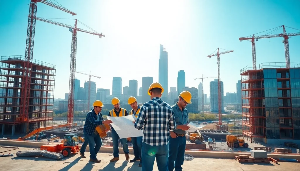 Workers in Austin construction site collaborating on blueprints and building structures.