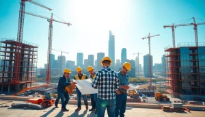 Workers in Austin construction site collaborating on blueprints and building structures.