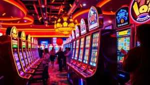 Pemain menikmati mesin slot Dewanaga89 dengan gulungan berwarna-warni dan lampu kasino.