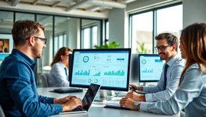 Online contact data verification tools in action within a modern office setup, showcasing professionals enhancing data accuracy.