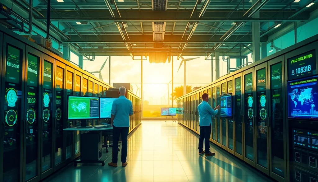 Dynamic bitcoin cloud mining facility with renewable energy sources and real-time earnings data.