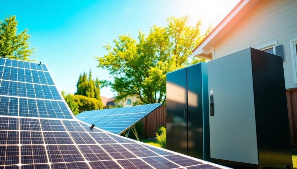 Solar and battery storage installation in a residential setting with solar panels and battery unit.