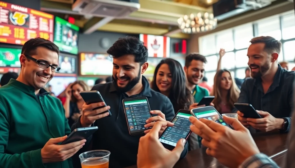 Engaged bettors analyzing odds at popular sports betting sites Canada in a lively sports bar setting.